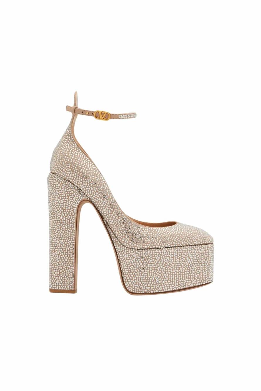 NEW VALENTINO GARAVANI women's tan-go 155mm platform pump heels in crystal/rose